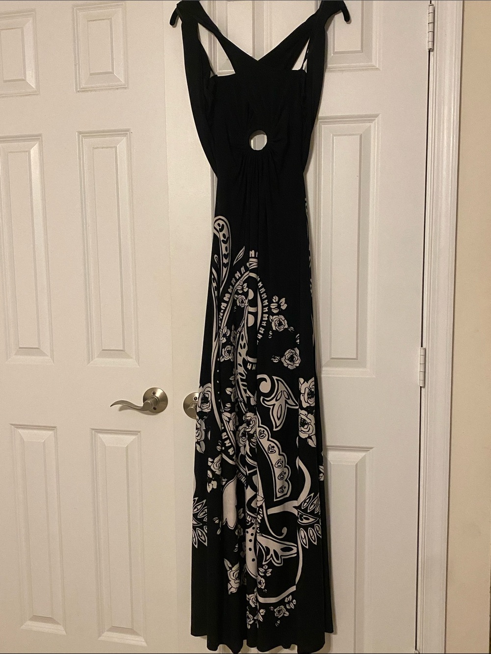 Arden B Black Maxi Dress with White Paisley Print and Front Cutout